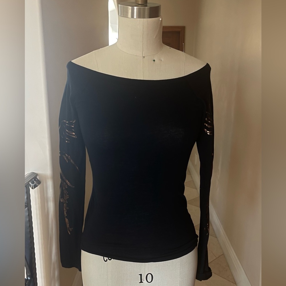 Vintage Blue Tatoo black cotton top with gold sleeves sz S